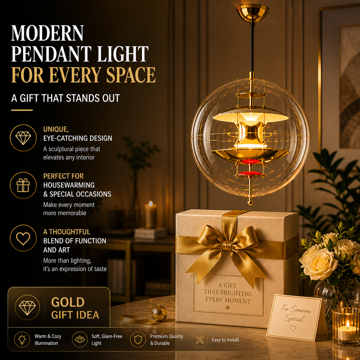 Scandinavian Chrome Pendant Lamp – Modern Minimalist Lighting for Dining & Bedroom