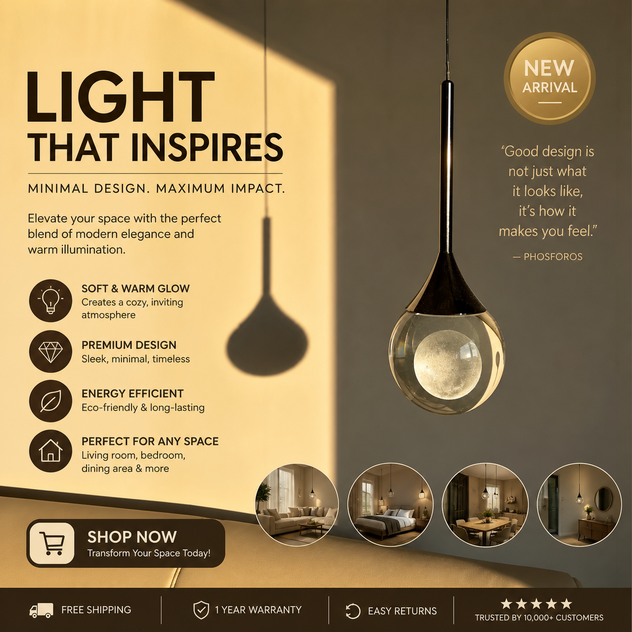 Interactive Floating Moon Pendant Light - Height Adjustable & Hand-Swipe Control