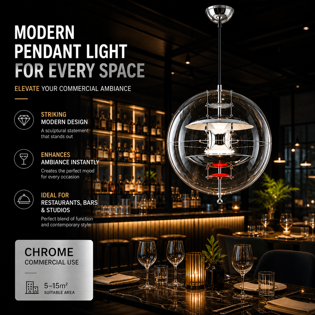 Scandinavian Chrome Pendant Lamp – Modern Minimalist Lighting for Dining & Bedroom