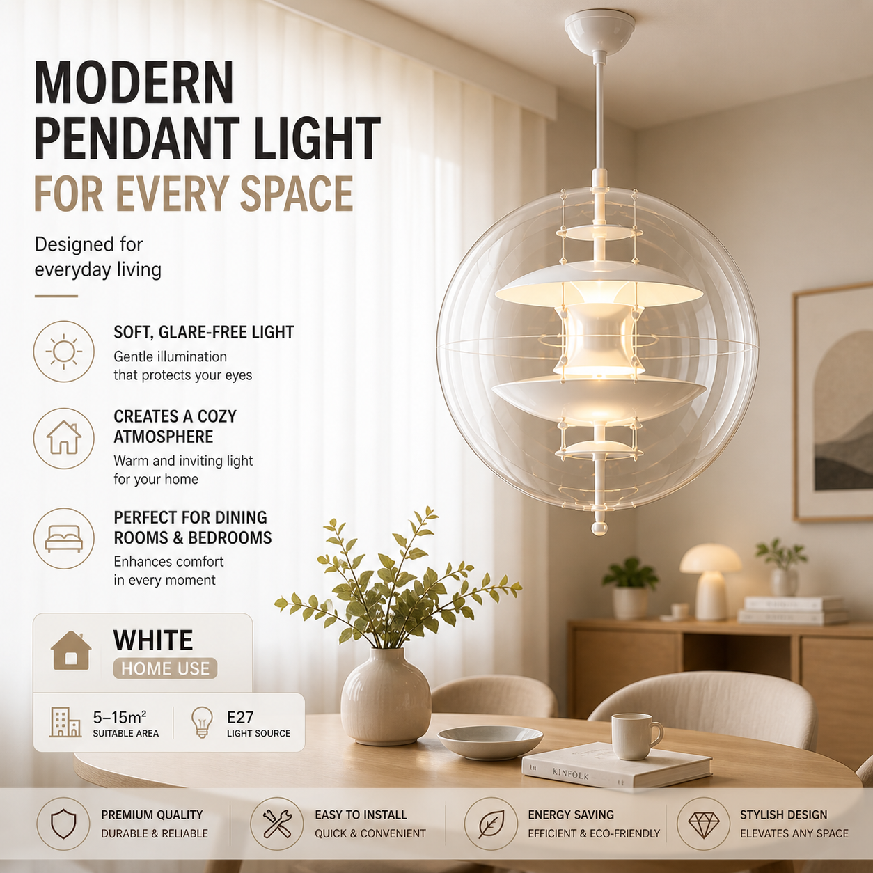 Scandinavian Chrome Pendant Lamp – Modern Minimalist Lighting for Dining & Bedroom