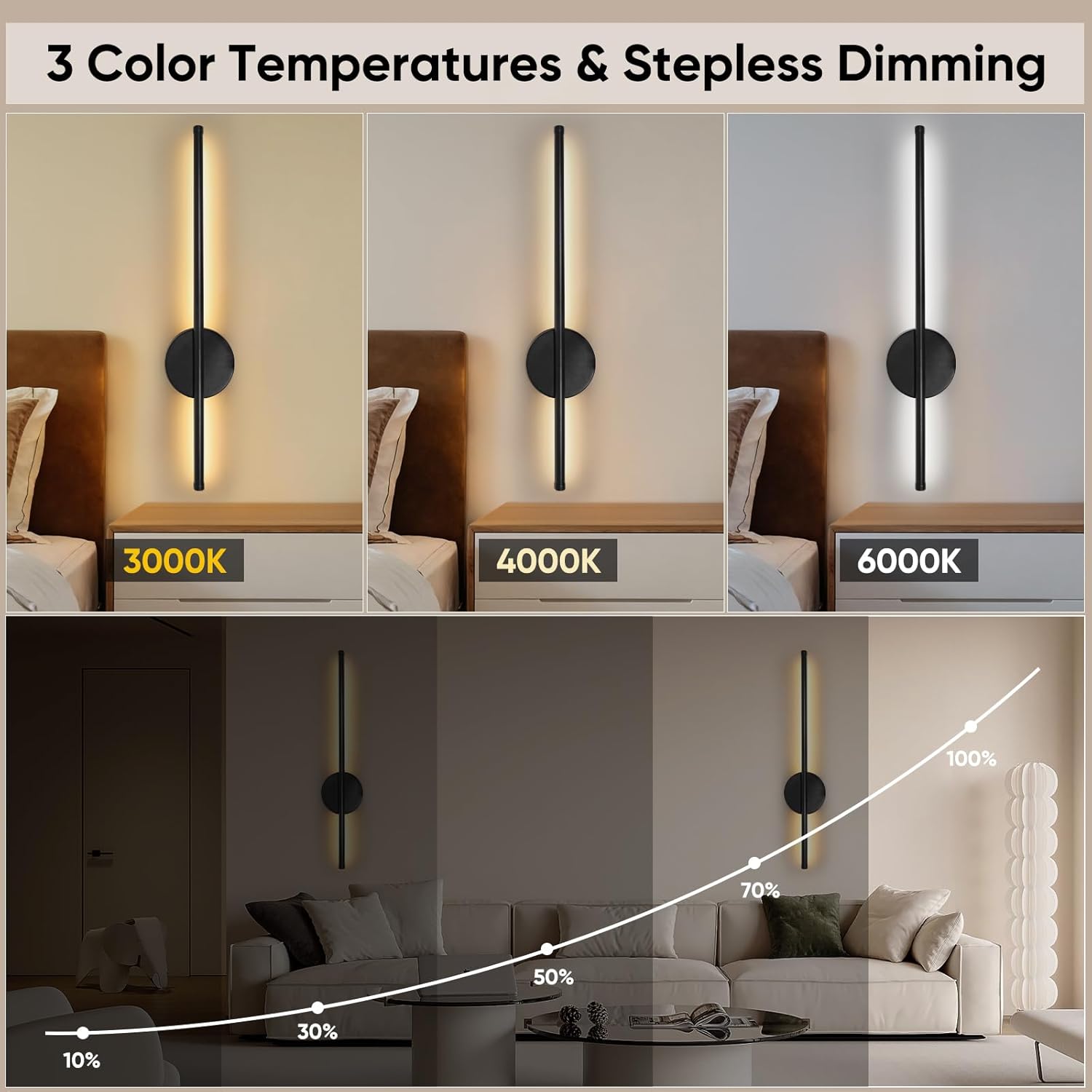 Rechargeable wall lamp set, 24-inch gold dimmable lamp, with remote control