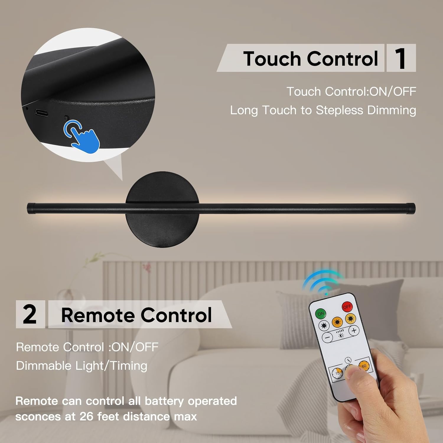 Rechargeable wall lamp set, 24-inch gold dimmable lamp, with remote control