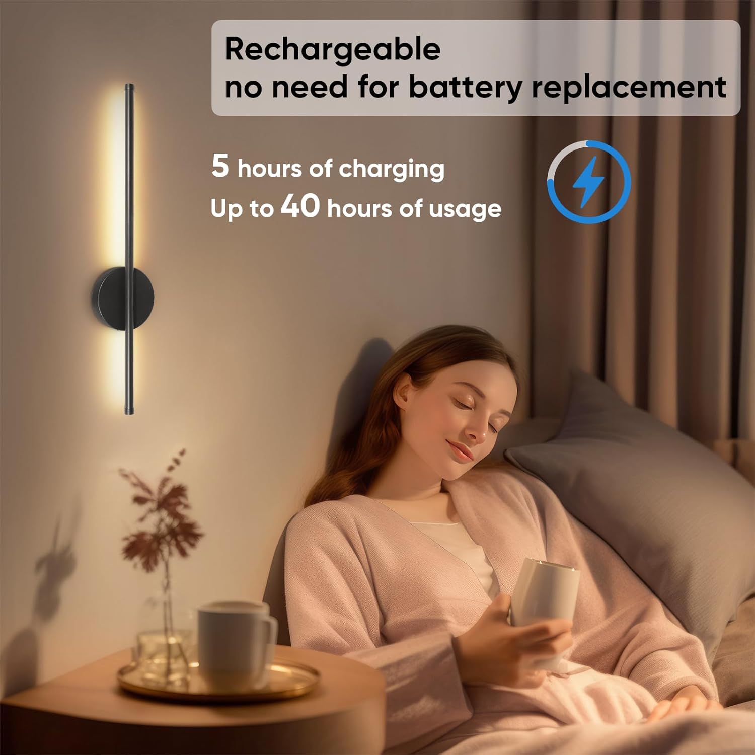 Rechargeable wall lamp set, 24-inch gold dimmable lamp, with remote control