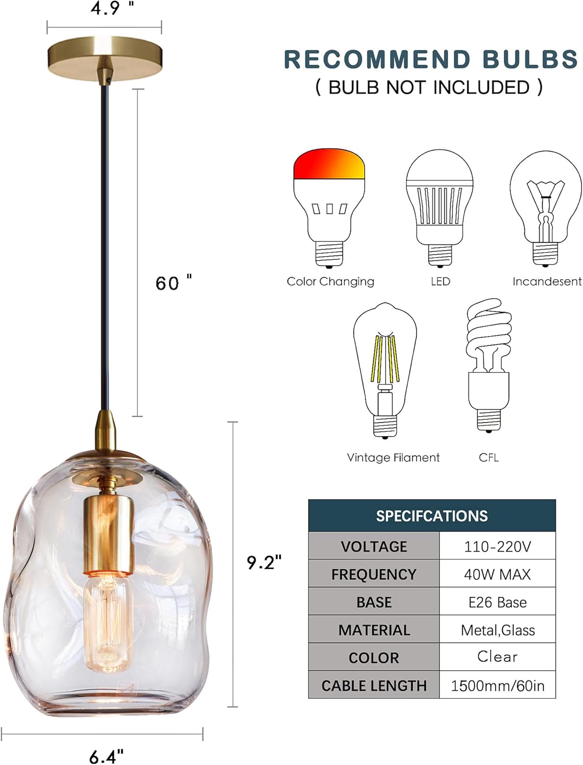 Pendant Lights Kitchen Island 2 Pack Modern Contemporary Clear Glass Organic Globe Brass Gold Hanging Light Adjustable Cord Bedroom Dining Table Small Medium Lamp 8 Inch Height
