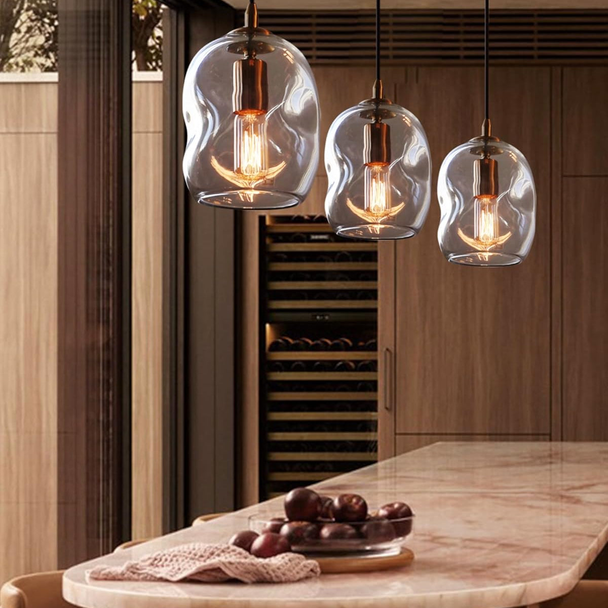 Pendant Lights Kitchen Island 2 Pack Modern Contemporary Clear Glass Organic Globe Brass Gold Hanging Light Adjustable Cord Bedroom Dining Table Small Medium Lamp 8 Inch Height
