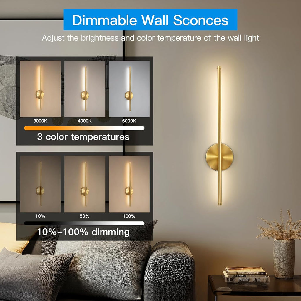 Rechargeable wall lamp set, 24-inch gold dimmable lamp, with remote control