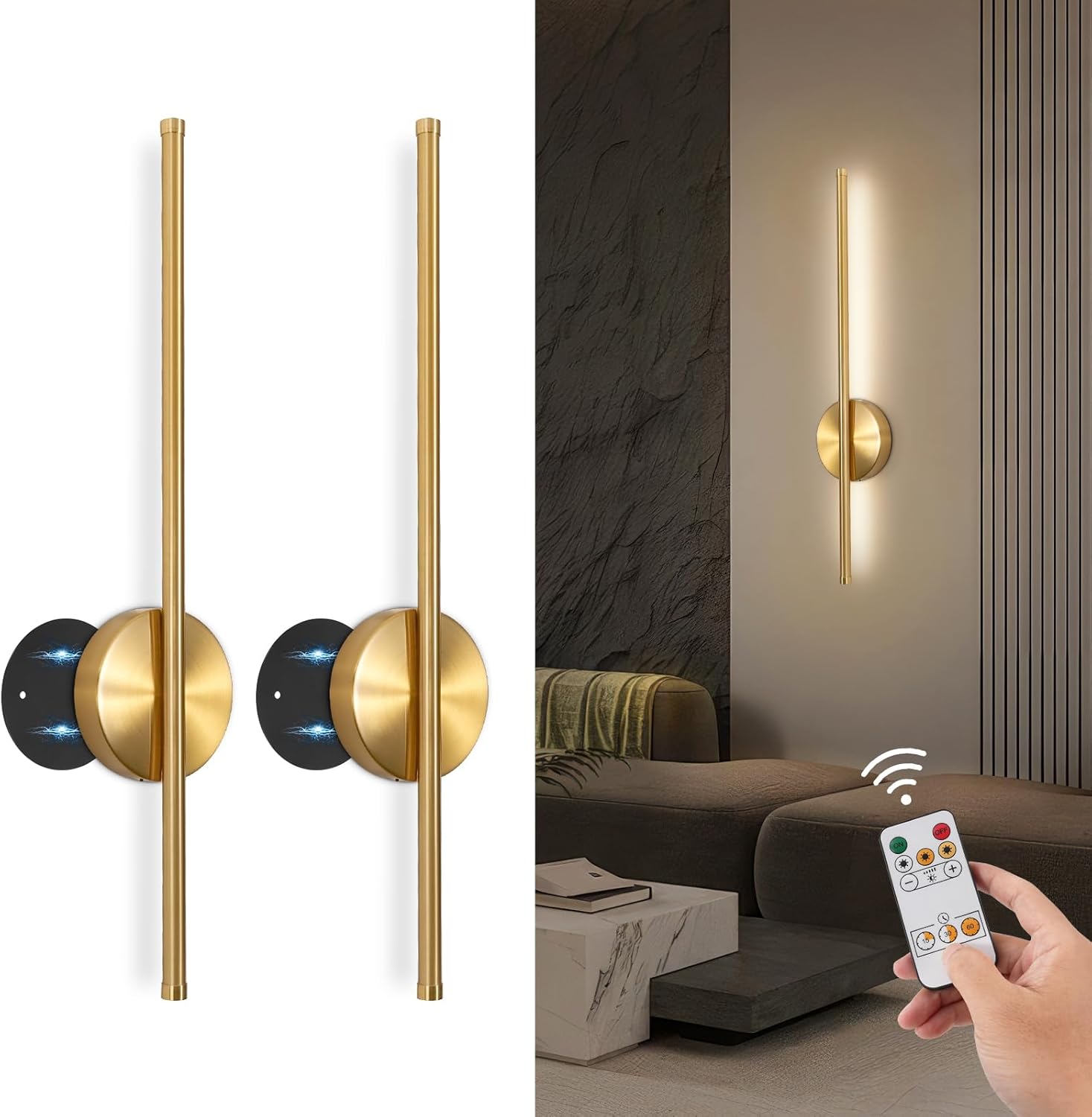 Rechargeable wall lamp set, 24-inch gold dimmable lamp, with remote control