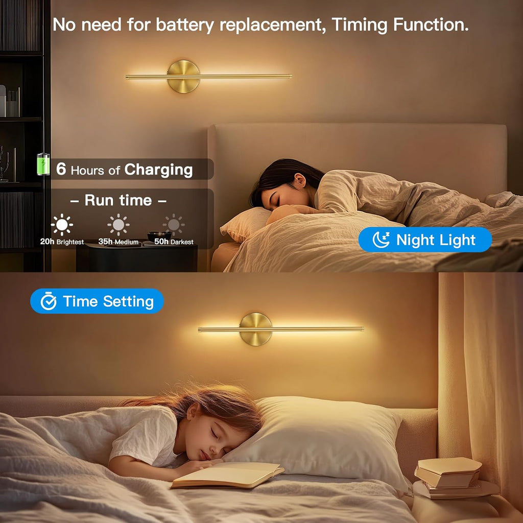 Rechargeable wall lamp set, 24-inch gold dimmable lamp, with remote control