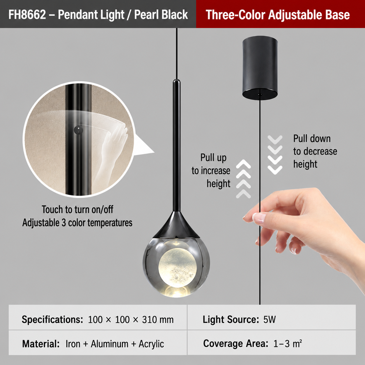 Interactive Floating Moon Pendant Light - Height Adjustable & Hand-Swipe Control