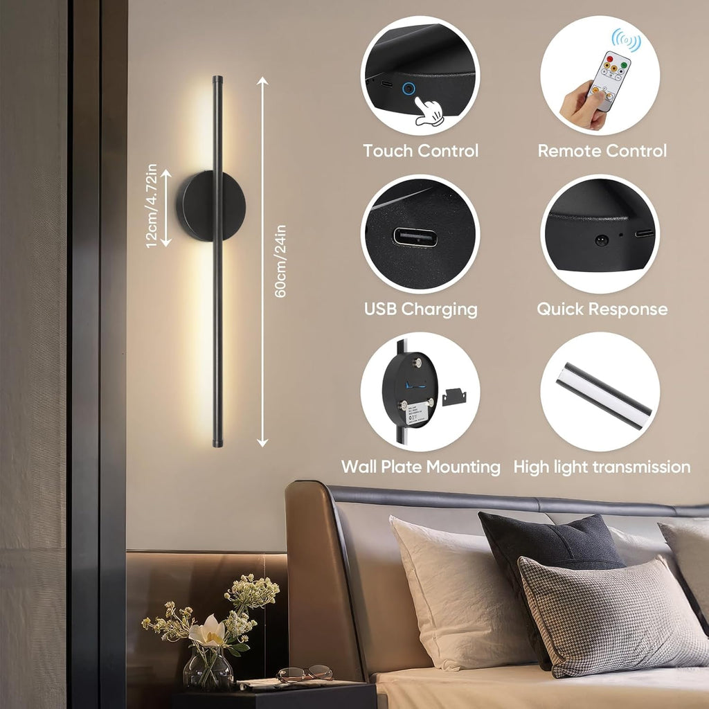 Rechargeable wall lamp set, 24-inch gold dimmable lamp, with remote control