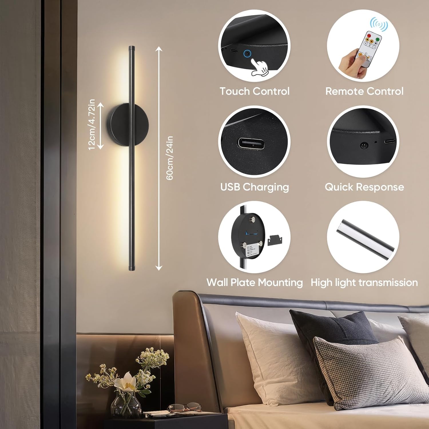 Rechargeable wall lamp set, 24-inch gold dimmable lamp, with remote control