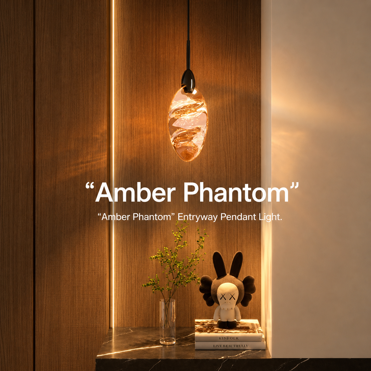 Amber stone chandelier, modern minimalist style.